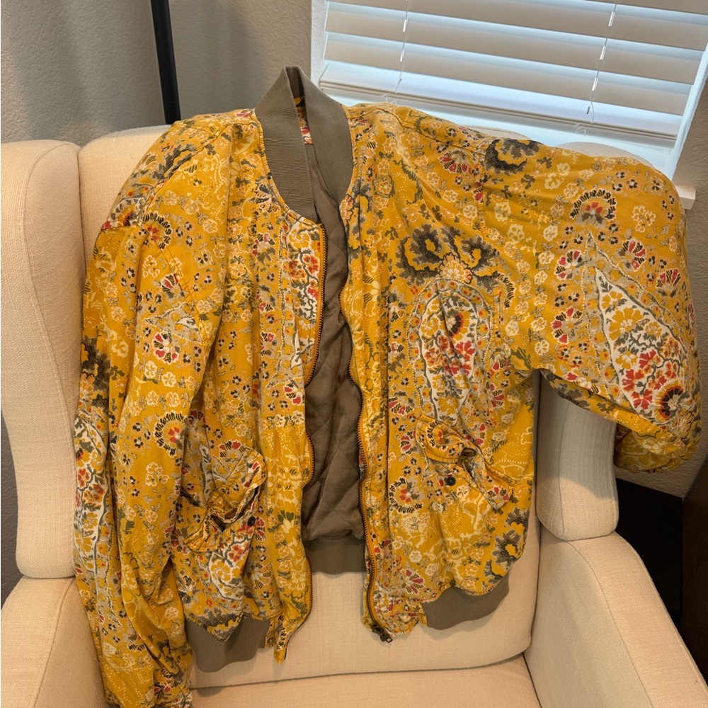 Free People Mustard Floral Paisley Bomber Jacket